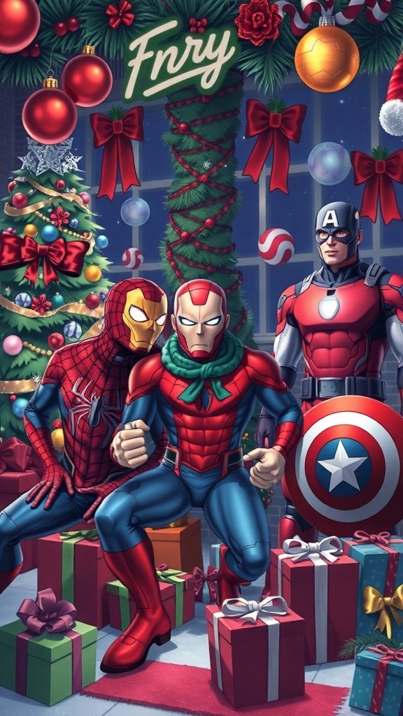 Marvel Christmas Coloring Pages Marvel superheroes celebrating Christmas with decorations and gifts.